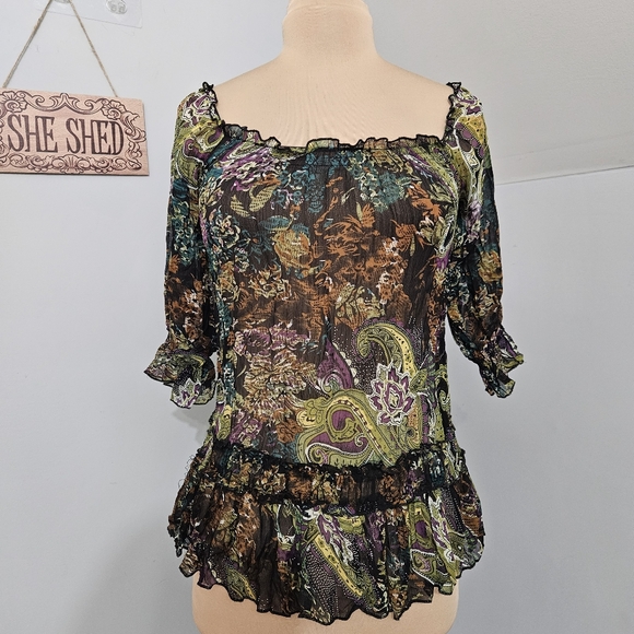 Y2K Paisley Mesh Peasant Top Whimsigoth Sheer XS Coquette Fairy Goth Artsy Boho - Picture 2 of 14